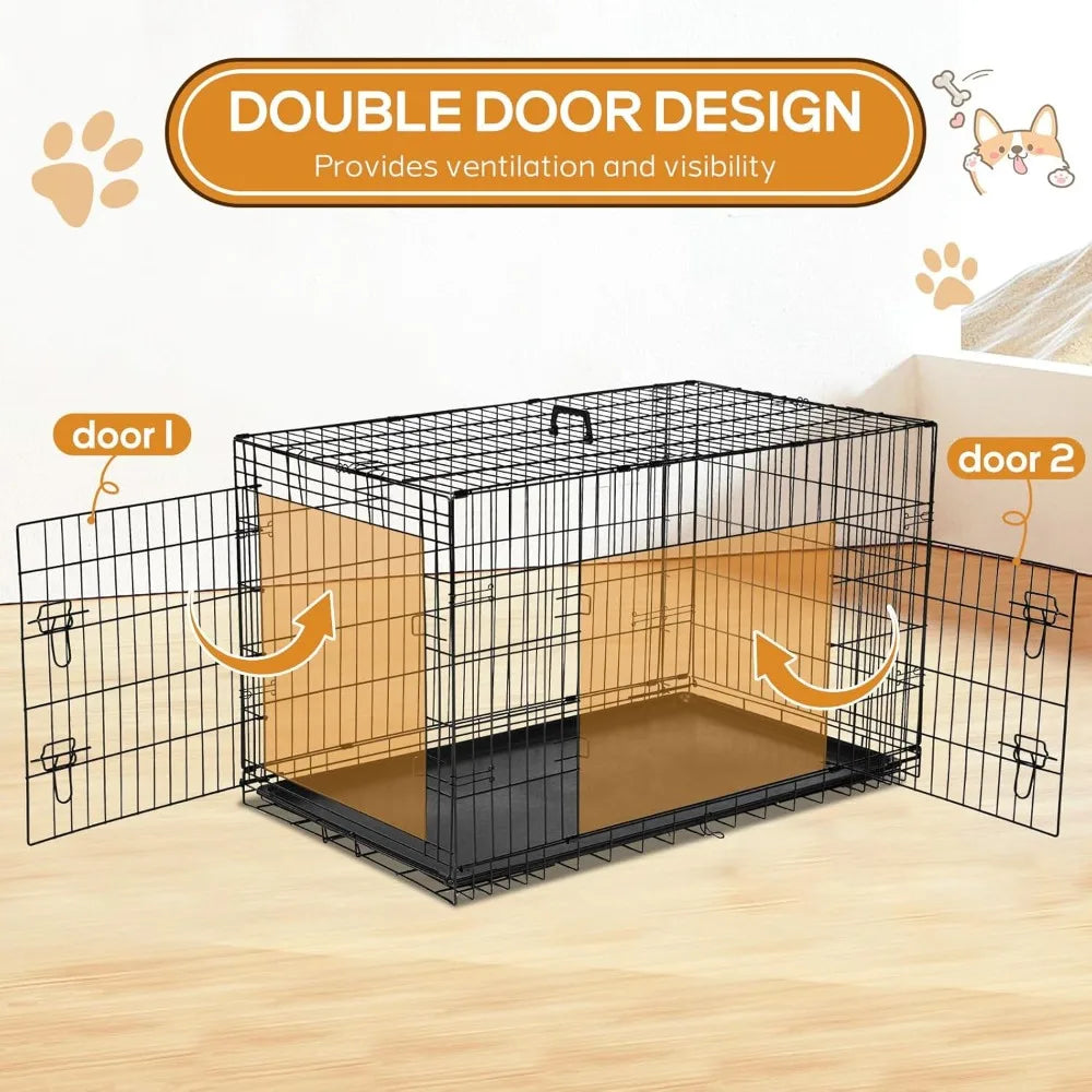 Dog Crate, 47 Inch Extra Large Wire Kennel with Divider Panel, Metal Cages with Double Door, Leak-Proof Pan Tray, Folding Portab