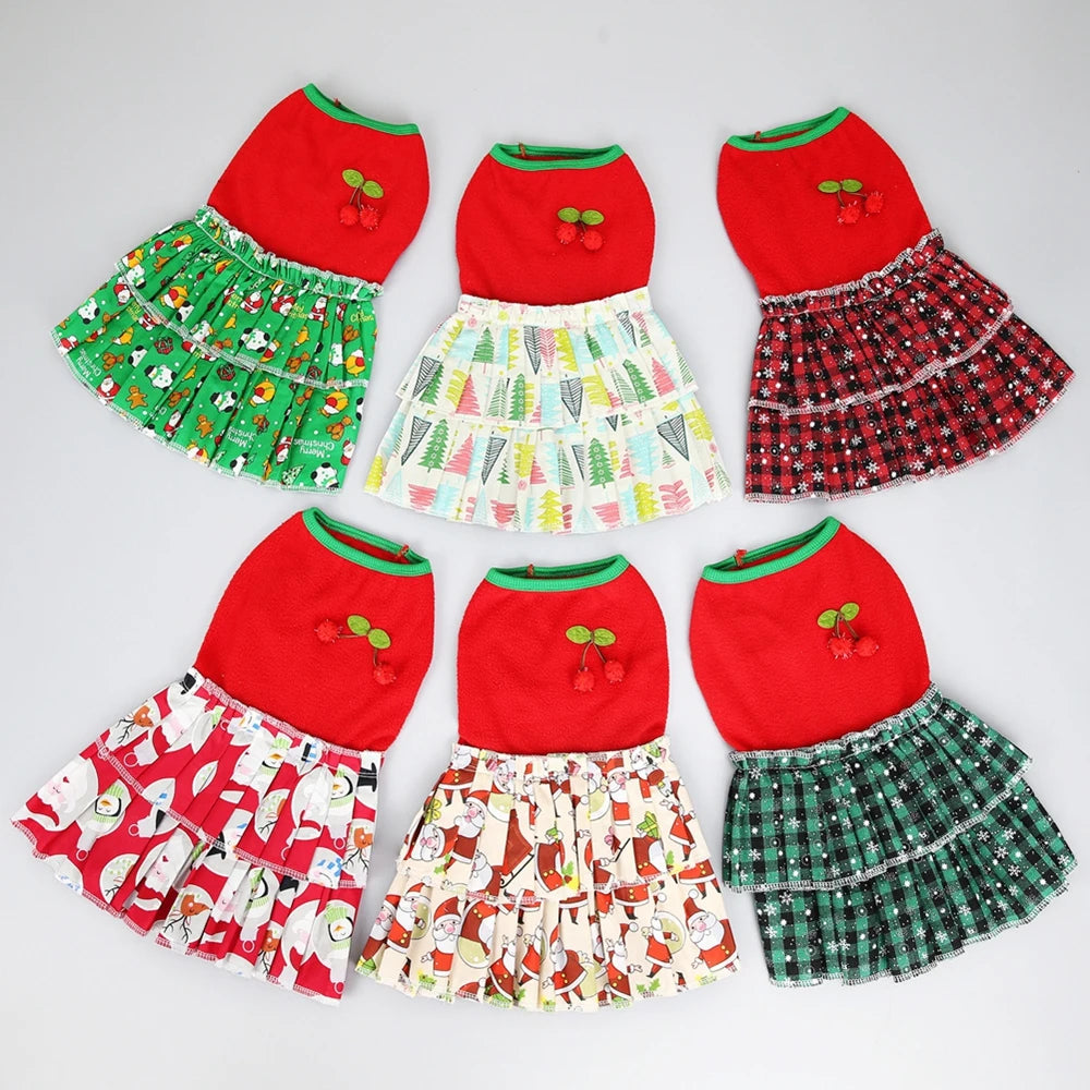 Christmas Dog Girls Costume Dress Puppy Warm Fleece Skirt Clothes Autumn Winter Pet Clothes Dog Red Skirt Fancy Dress Costume