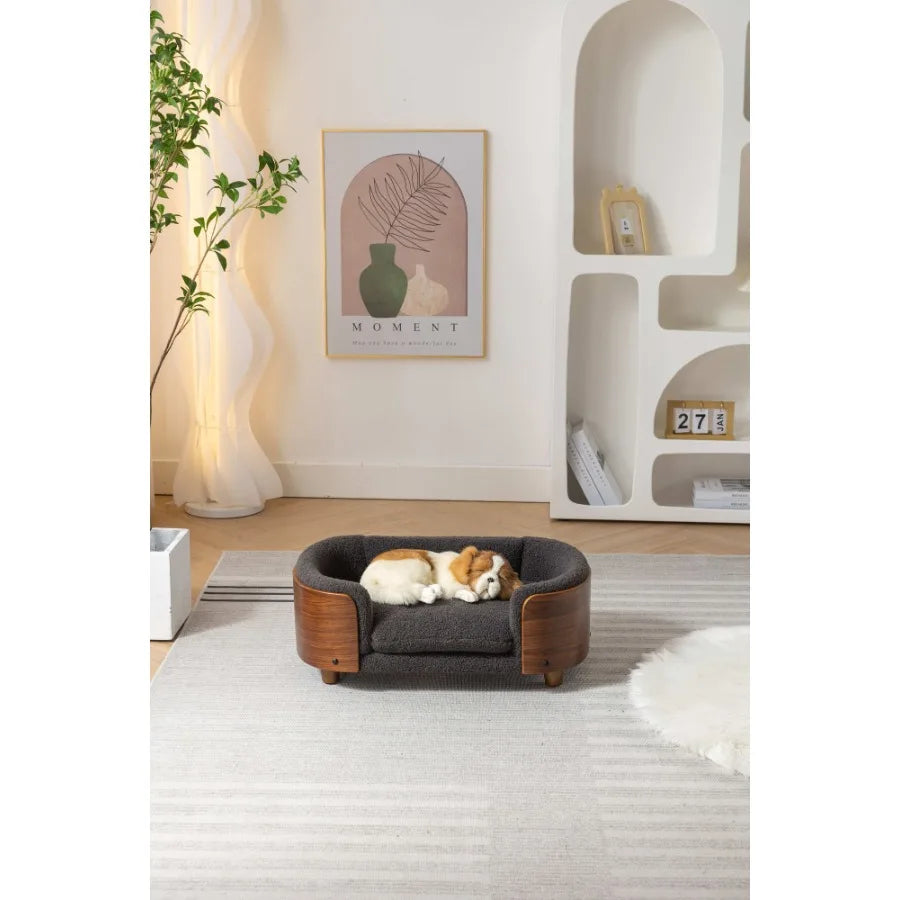 Scandinavian Elevated Dog Bed With Walnut Bent Wood Back
