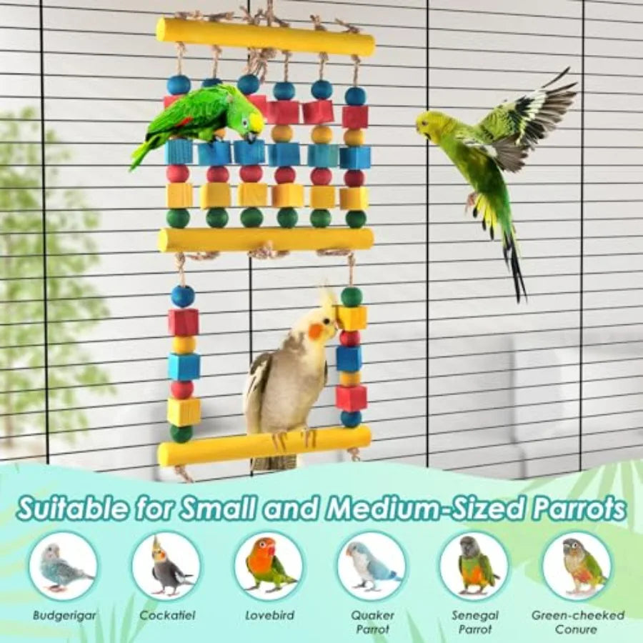 Bird Swing Parrot Chew Toy with Wooden Perches Stand Hanging Colorful Wood Block Bird Cage Accessories for Budgerigar Canaries
