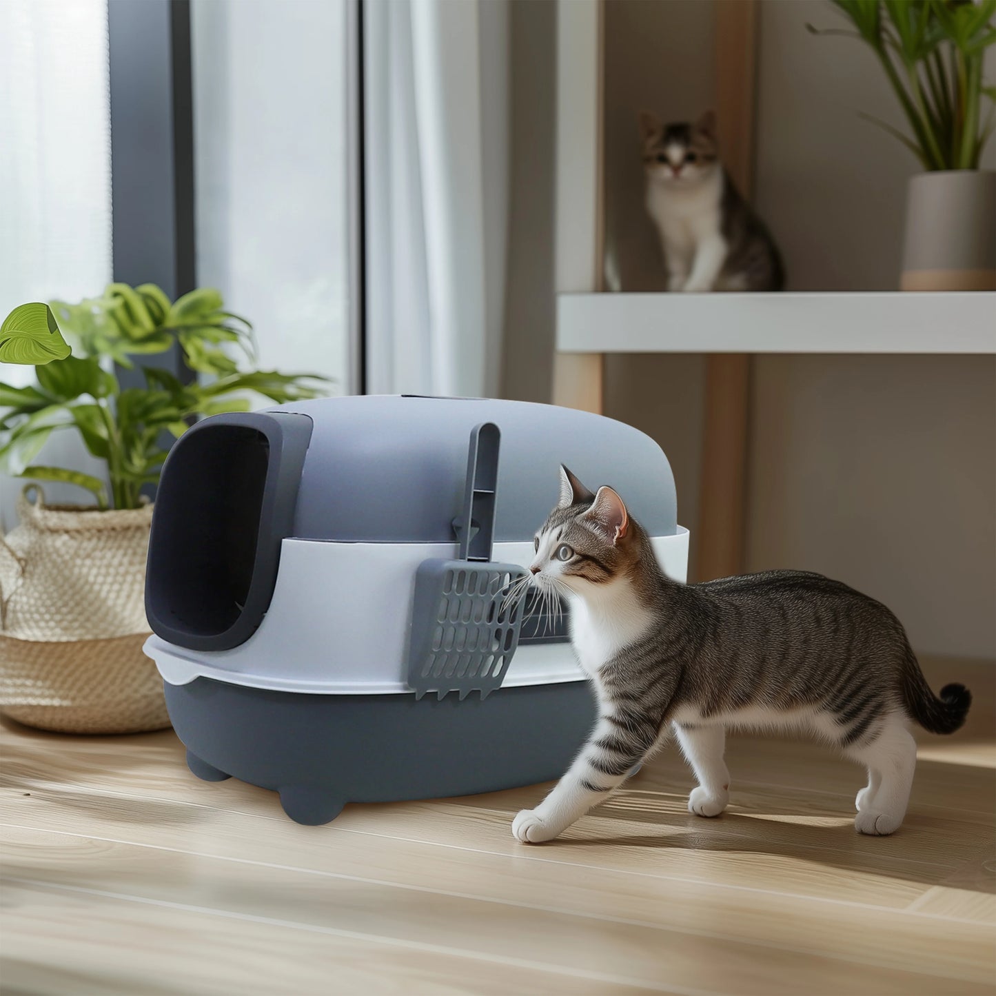 Bingopaw Large Cat Litter Box with Cat Litter Scoop with Lid, Oval Oblong Hooded Front Entry and Exit Leak-Proof Litter Cat Box