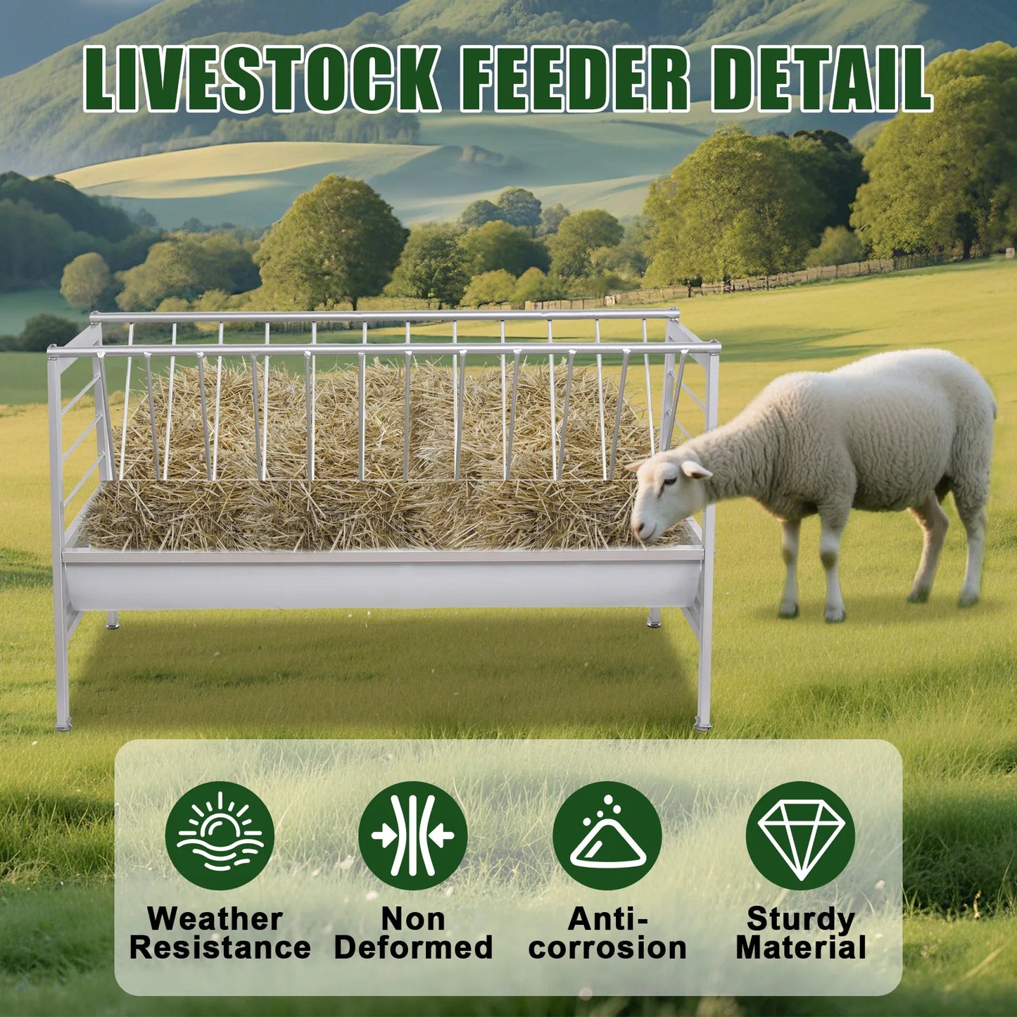 Goat Hay Feeder Large Capacity Livestock Feeder Heavy Duty Metal Feed Trough with Deeper Feeding Pan for Farms, Sheep Sheds