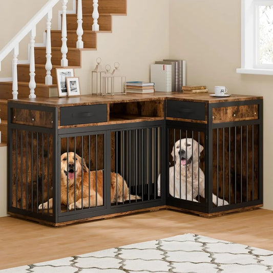 Corner Dog Crate Furniture,85.4" Metal Frame L Shaped Furniture-Style Double Dog Kennel for 2 Dogs with Divider and 2 Fabric Dra