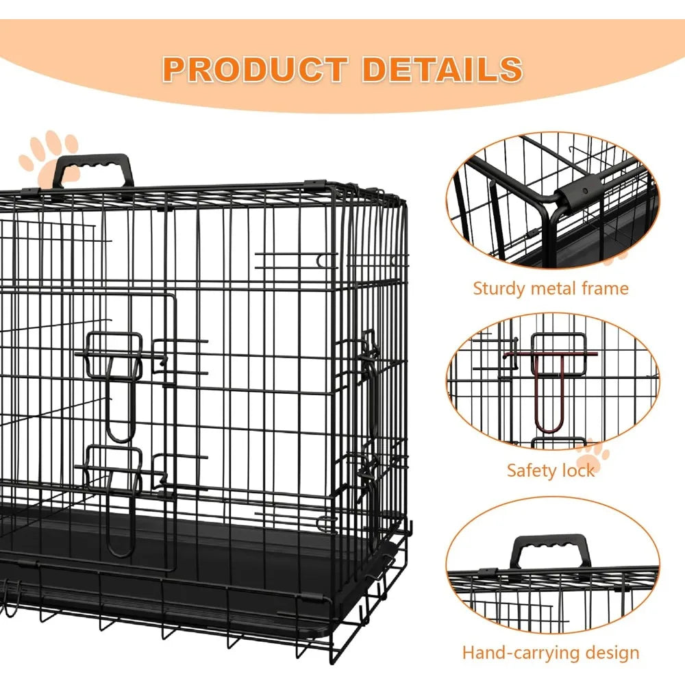 Dog Crate, 48 Inch Large Dog Cage with Divider and Plastic Leak-Proof Pan Tray, Double Door Folding Metal Wire Cage for Indoor,
