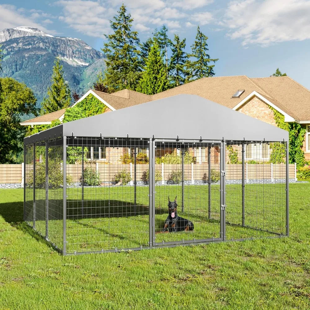 Large Outdoor Dog Kennel 118" x 118" x 70", Big Dog Fence Outside with Double Secure Locks, Heavy-Duty Weatherproof Dog Cage, D