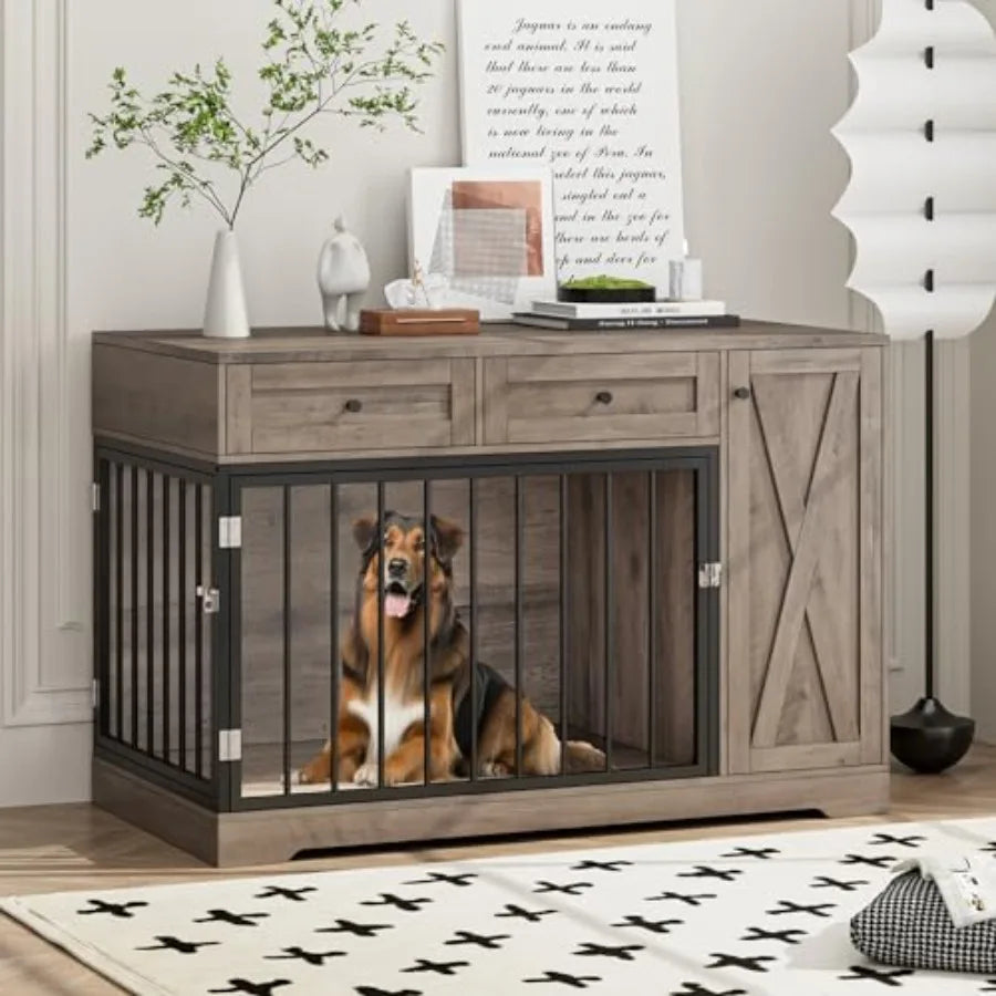 Farmhouse Dog Crate Furniture 47W x 34H Wooden Indoor Dog Cage with 2 Drawers and Storage Cabinet Rustic Style for Small and Me