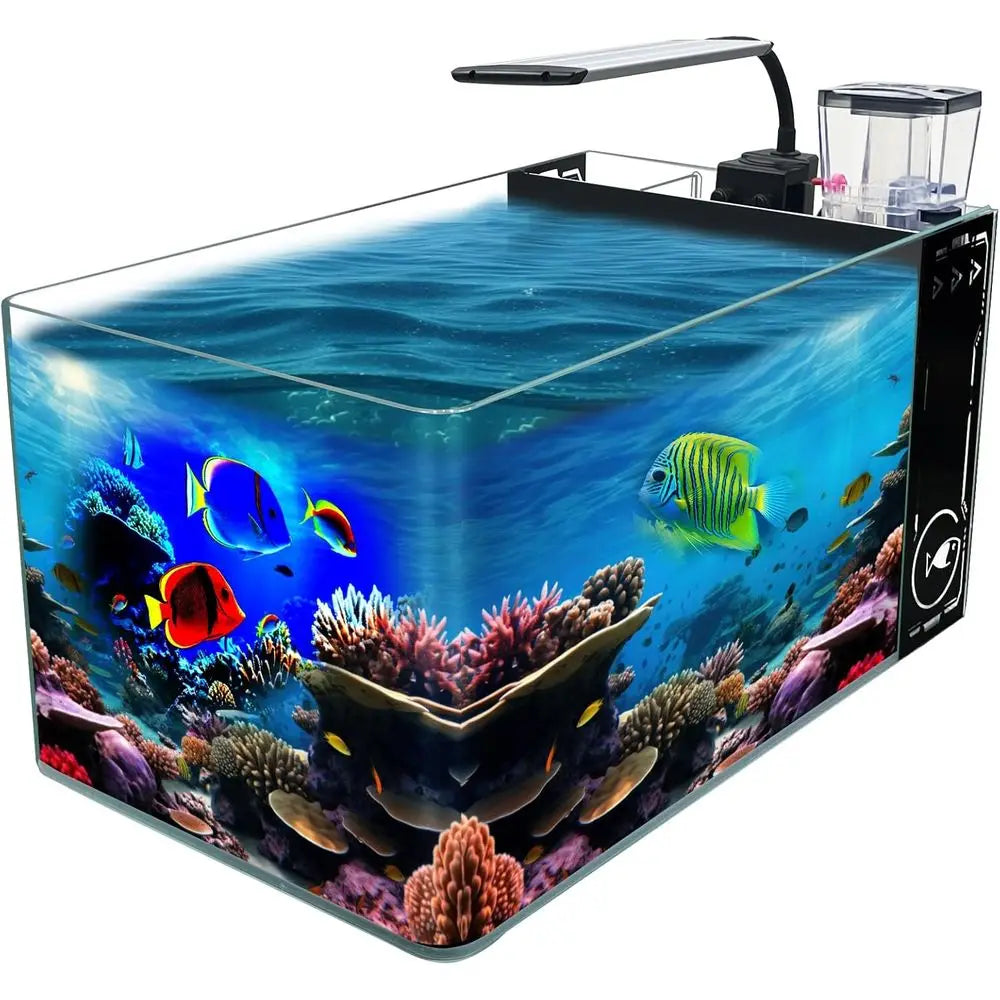 Curved Corner Saltwater Aquarium Rimless Low Iron Aquarium Marine Fish Tank Reef Tank with Lid, Protein Skimmer, LED Light, Filt