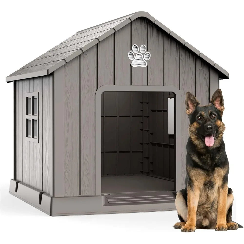 Dog House Outdoor Indoor,Dog Kennel Weatherproof Resin Shelter with Air Vents and Elevated Floor for Small Medium Large Dogs,Eas