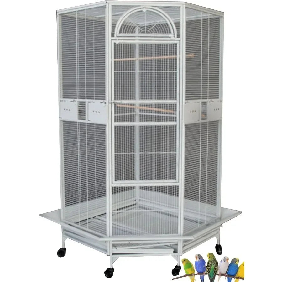 64 Extra Large Corner Bird Flight Breeding Wrought Iron Rolling Parrot Cage with Side Solid Metal Plate Feed Doors Pull Out Rem
