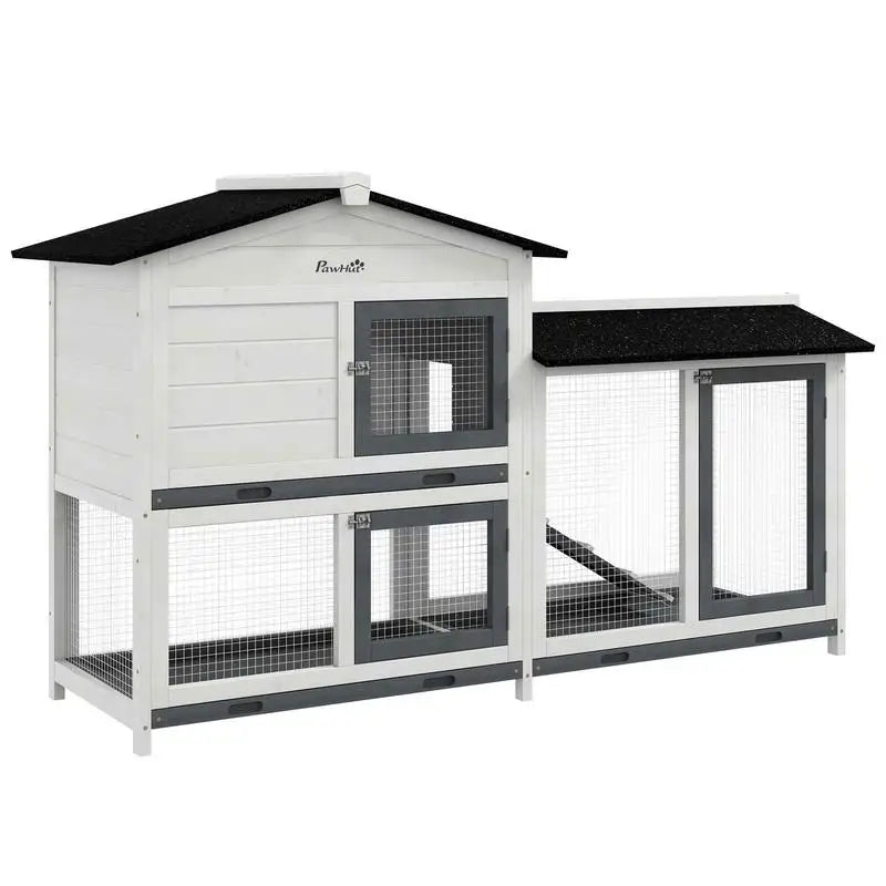 62" Rabbit Hutch Wooden Bunny Cage Guinea Pig Enclosure with Run Area Removable Tray Asphalt Roof Lockable Doors and Ramp White