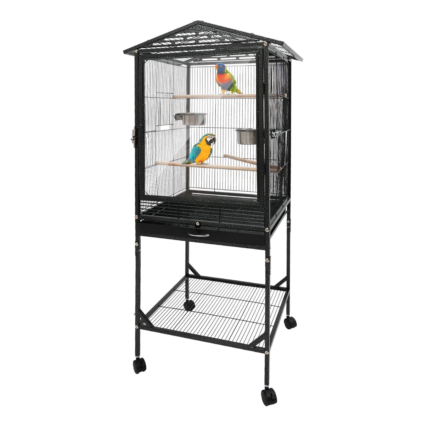 Large Black Bird Cage with Wheels, 4 Braked Wheels (2) Acid-Washed Iron 46×46×136cm Open Top for Parrots