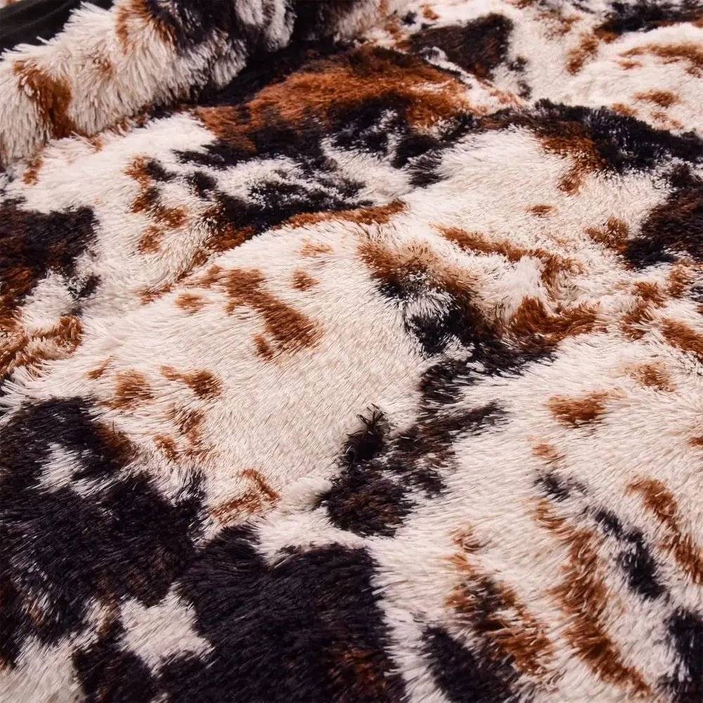 Cow Print Duvet Cover Shaggy Fluffy Tie Dye Brown Black Velvet Bedding Set Super Soft Faux Fur Fuzzy Comforter Cover with Pillow