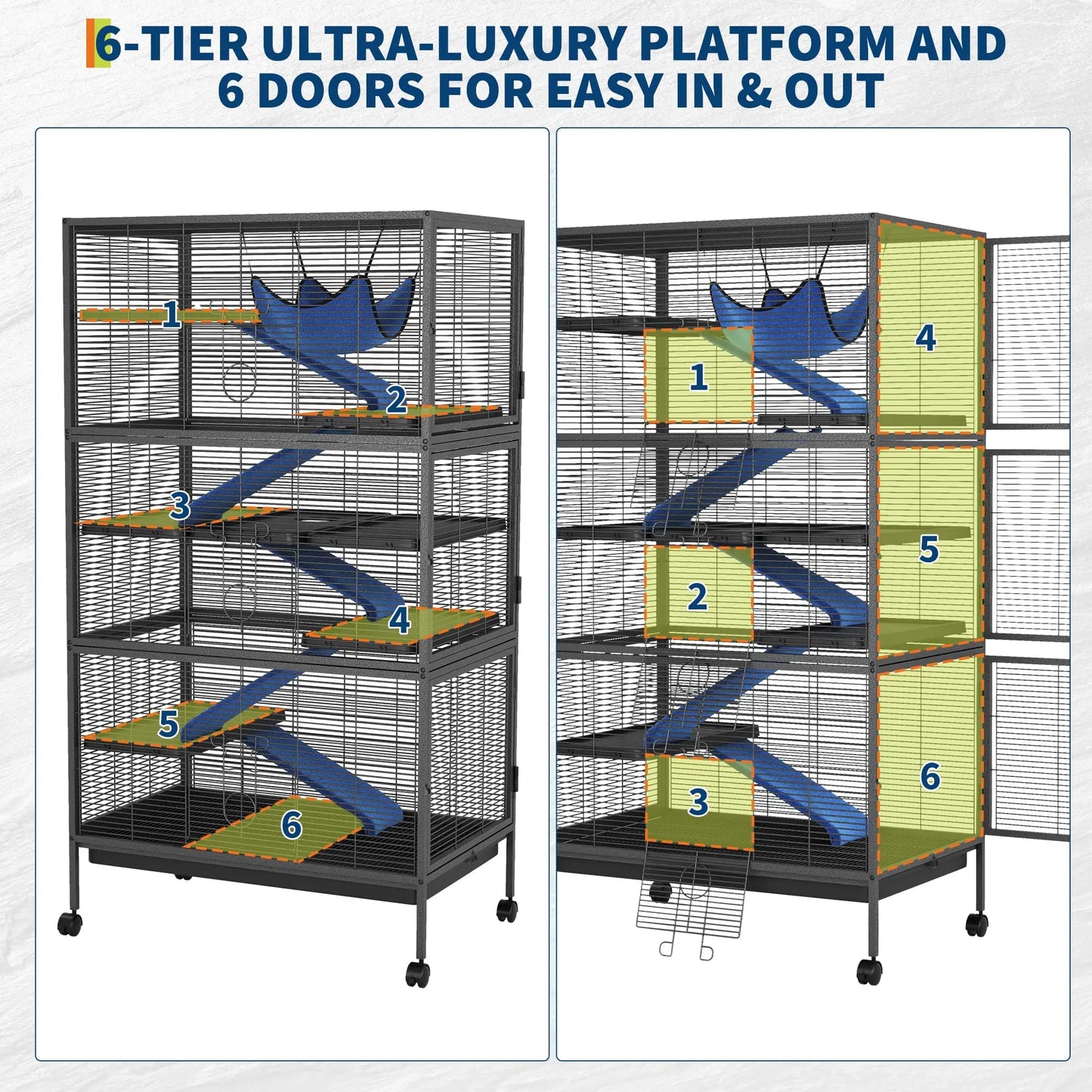 Metal Small Animal Cages, 58" h Large Ferret Nation Cage with Hammock, 7 Removable Platforms for Sugar Glider, Guinea Pigs