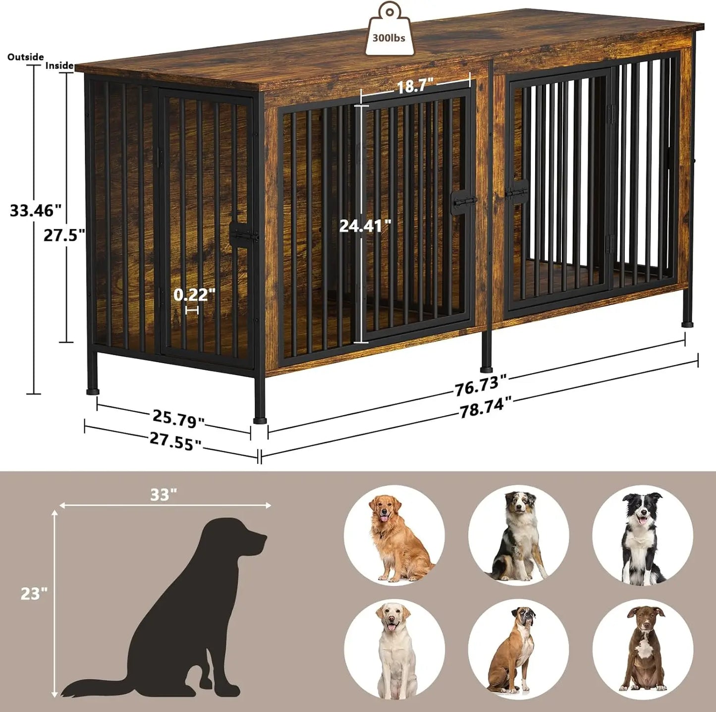 Heavy Duty Dog Crate Furniture for Small to Large Dogs, Indoor Kennel as TV Stand, Brown 78.74" L