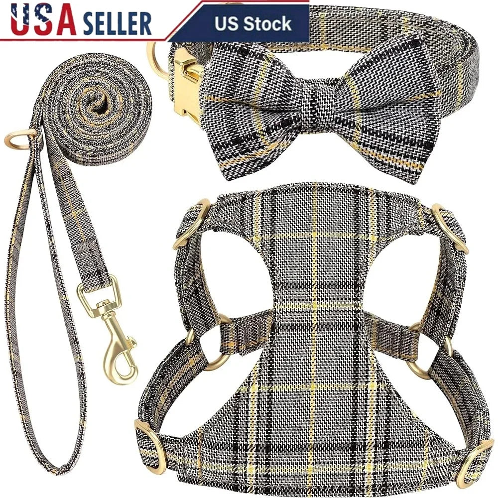 Cute Adjustable Dog Harness Collar Leash Set Small Dogs Cats Soft Plaid Design Ideal Walks Parties and Events