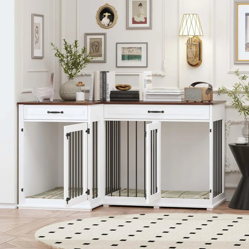 Large Corner Dog Crate Furniture, Wooden L Shaped Double Dog Crate Kennel Furniture with 2 Drawers and Divider, XXL Heavty Duty