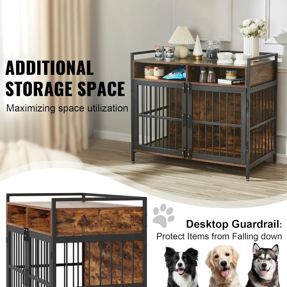 Furniture Style Dog Crate with Storage, 41 inch Dog Crate Furniture Large Breed with Double Doors, Wooden Dog Cage for Large/Me