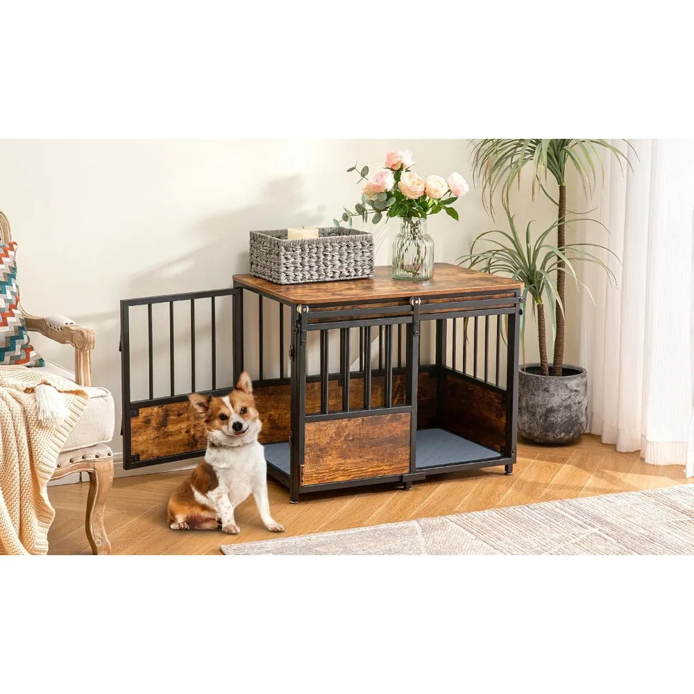 32 Inch Dog Crate Furniture with Cushion for Large Medium Dogs, Wooden Heavy Duty Dog Kennel with Double Doors, Decorative Pet