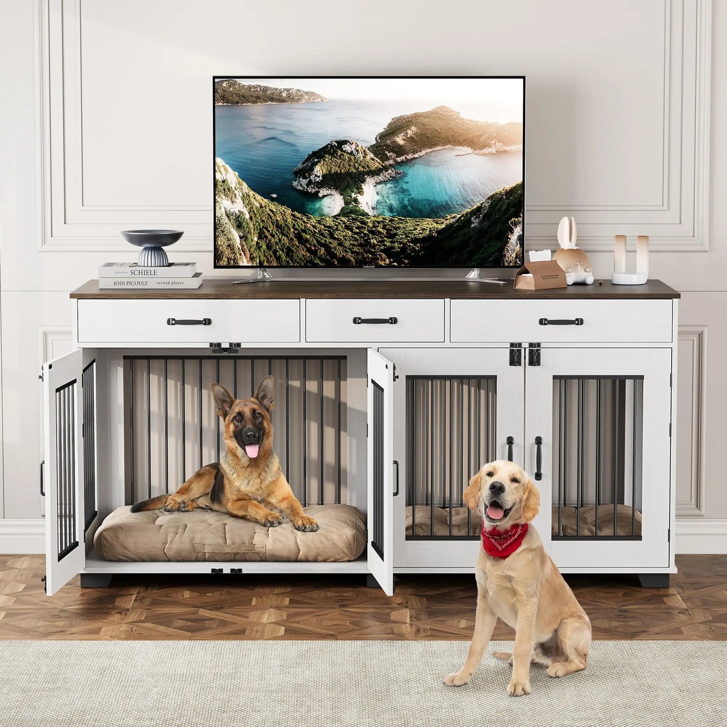 71'' Heavy Duty Double Dog Crate Furniture 2-in-1 Kennel With Divider 3 Storage Drawers & TV Stand For Medium Large Dogs