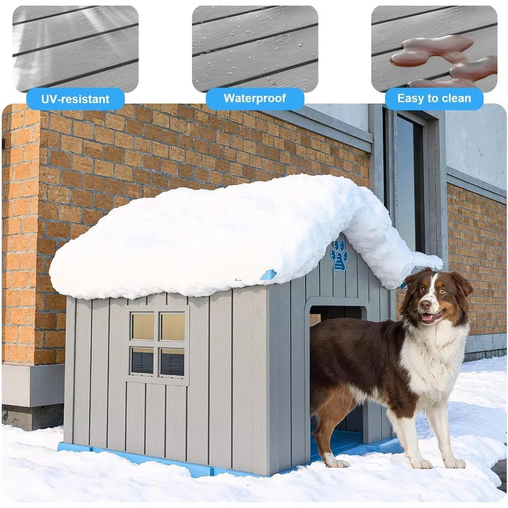 Indoor Outdoor Dog House Kennel, Peaked Deck Design, Waterproof and Warm Shelter for Dogs, Grey Blue Color