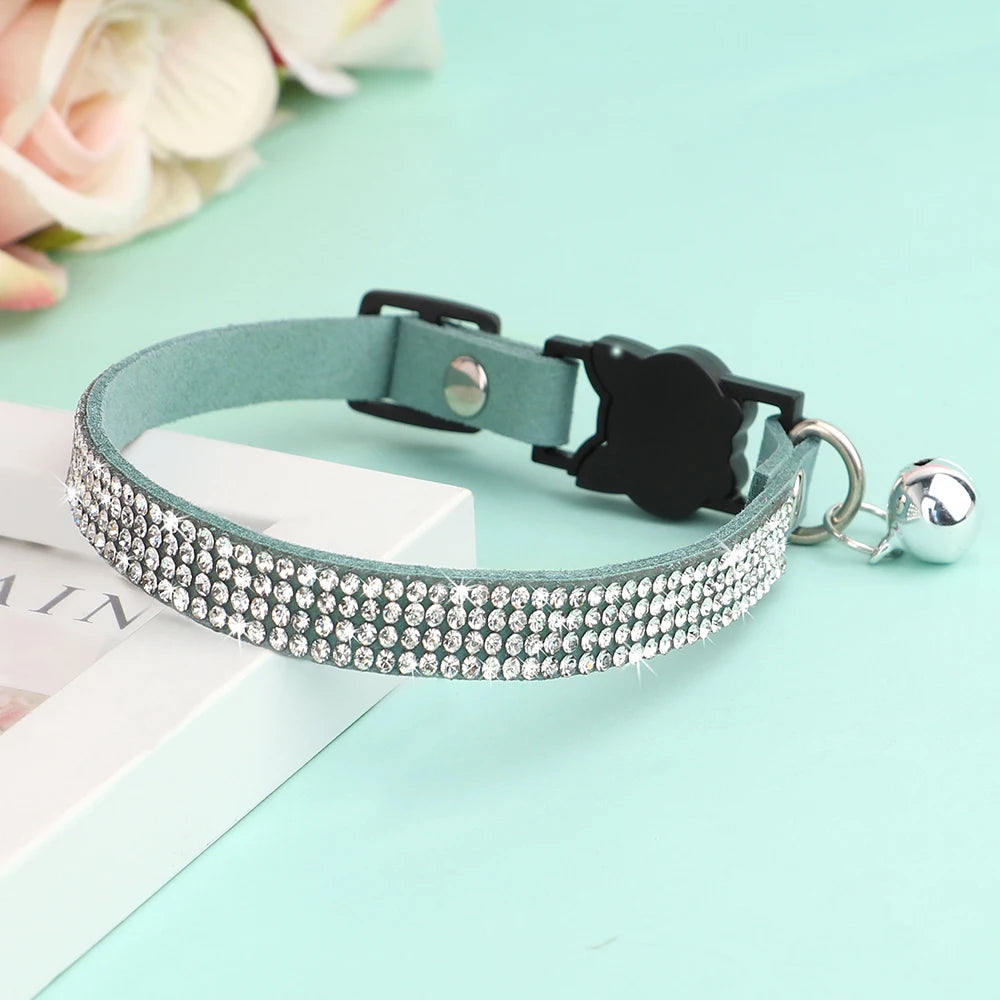 Rhinestone Bling Soft Pink Suede Cat Collar with Bell Safety Breakaway Buckle Adjustable XS/S Sizes for Kitten