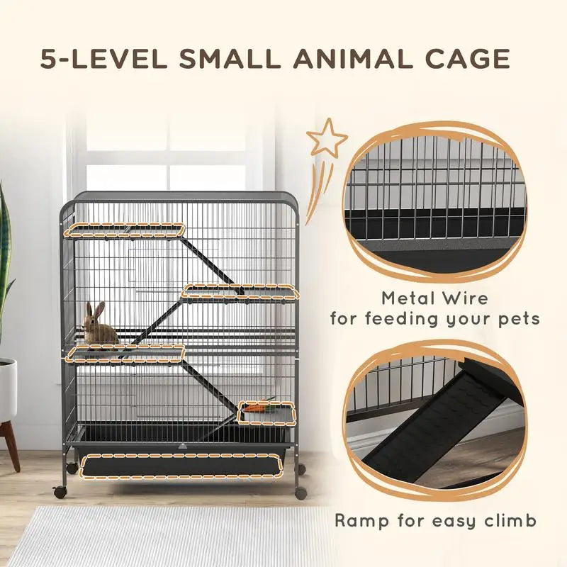 53.5" Small Animal Cage, 5-Level Metal Ferret or Bunny Habitat with Wheels, Removable Tray, 2 Front Doors, Ramps, Gray Color
