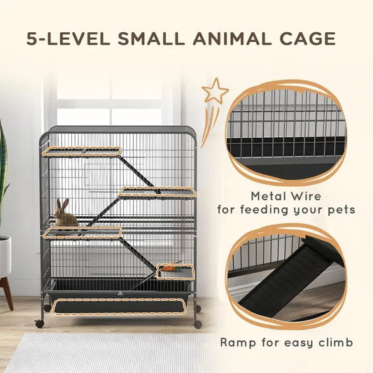 53.5" Small Animal Cage, 5-Level Metal Ferret or Bunny Habitat with Wheels, Removable Tray, 2 Front Doors, Ramps, Gray Color
