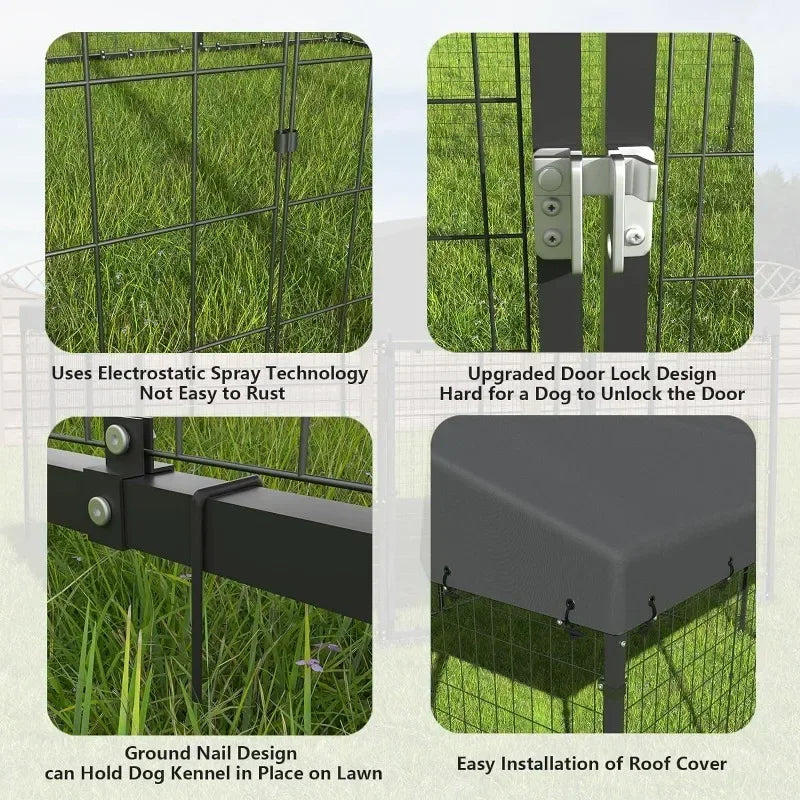 Large Dog Kennel Outdoor with Waterproof Roof Cover, Dog Cage Heavy Duty Dog Enclosures W/Upgraded Metal Mesh and Door Locks