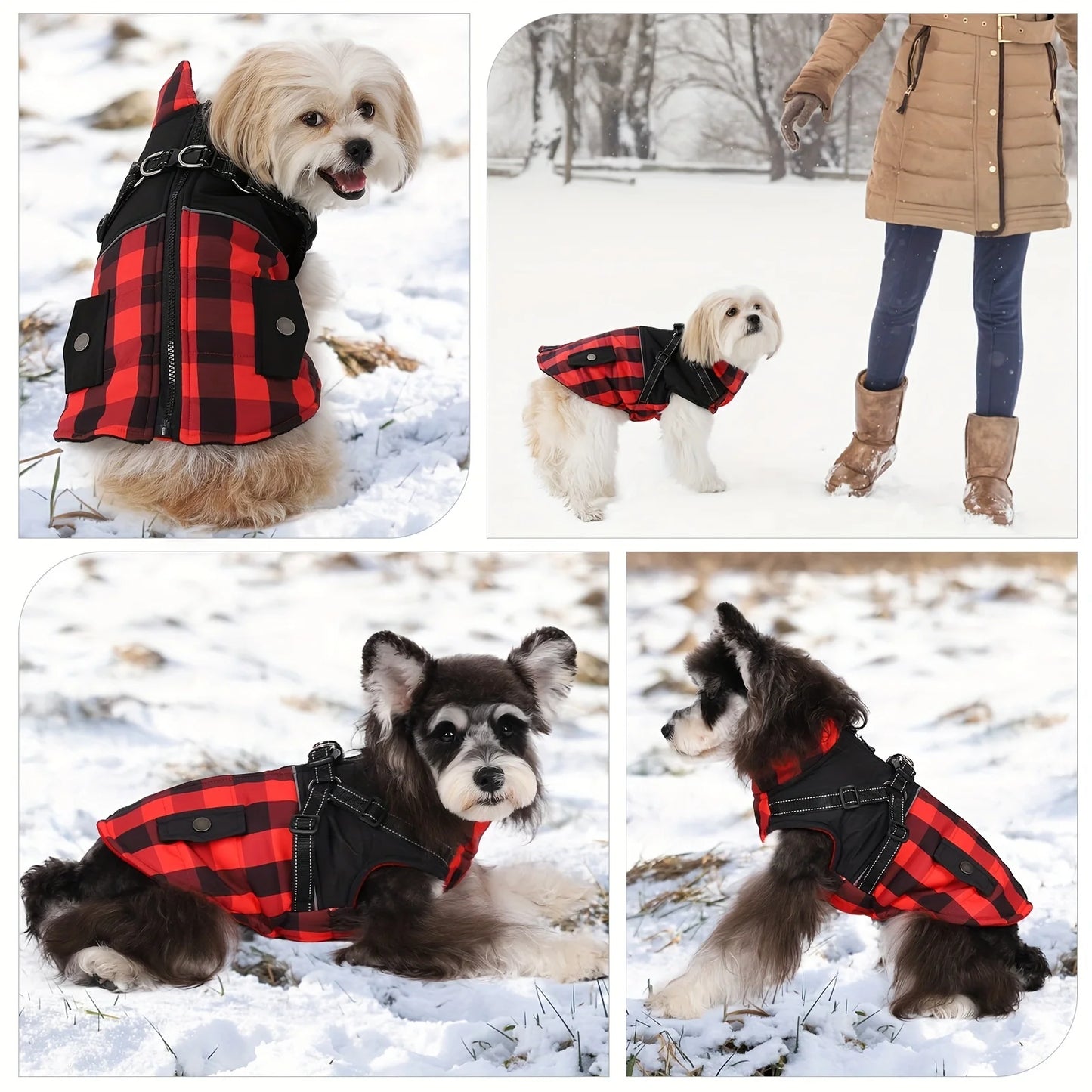 Plaid Thicken Padded Pet Dog Jacket With Harness For Cold Weather Windproof Winter Dog Jacket Coat For Small Medium Large Dog
