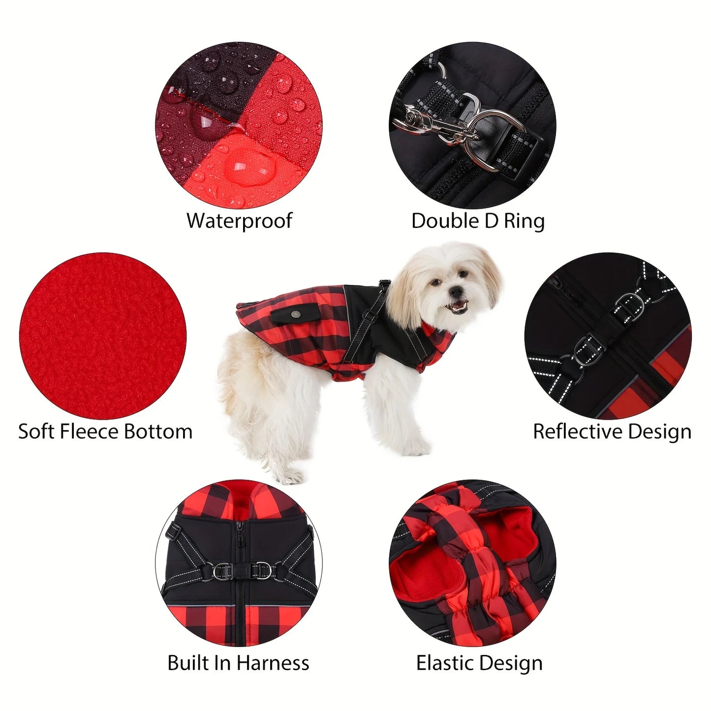 Plaid Thicken Padded Pet Dog Jacket With Harness For Cold Weather Windproof Winter Dog Jacket Coat For Small Medium Large Dog