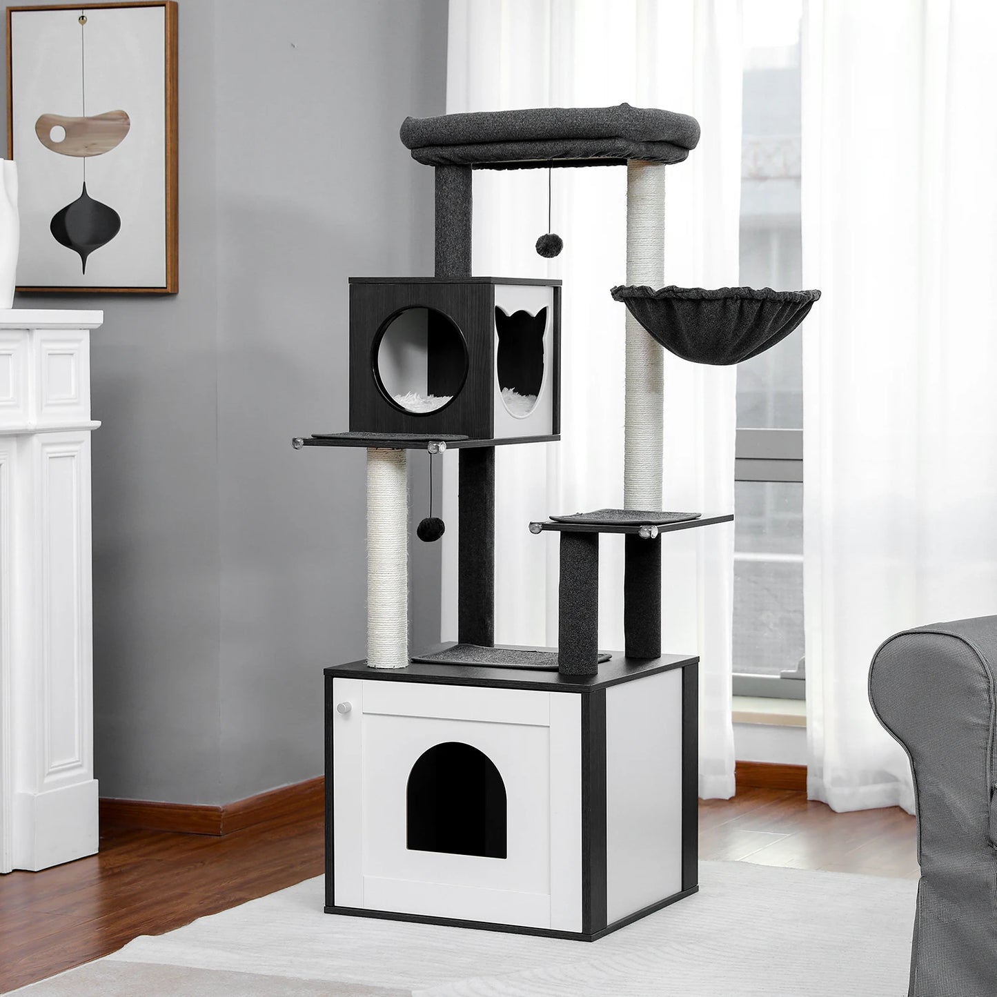 Cat Tree with Litter Box Enclosure Large Wood Cat Tower with Storage Cabinet and Cozy Cat Condo Sisal Covered Scratching Post