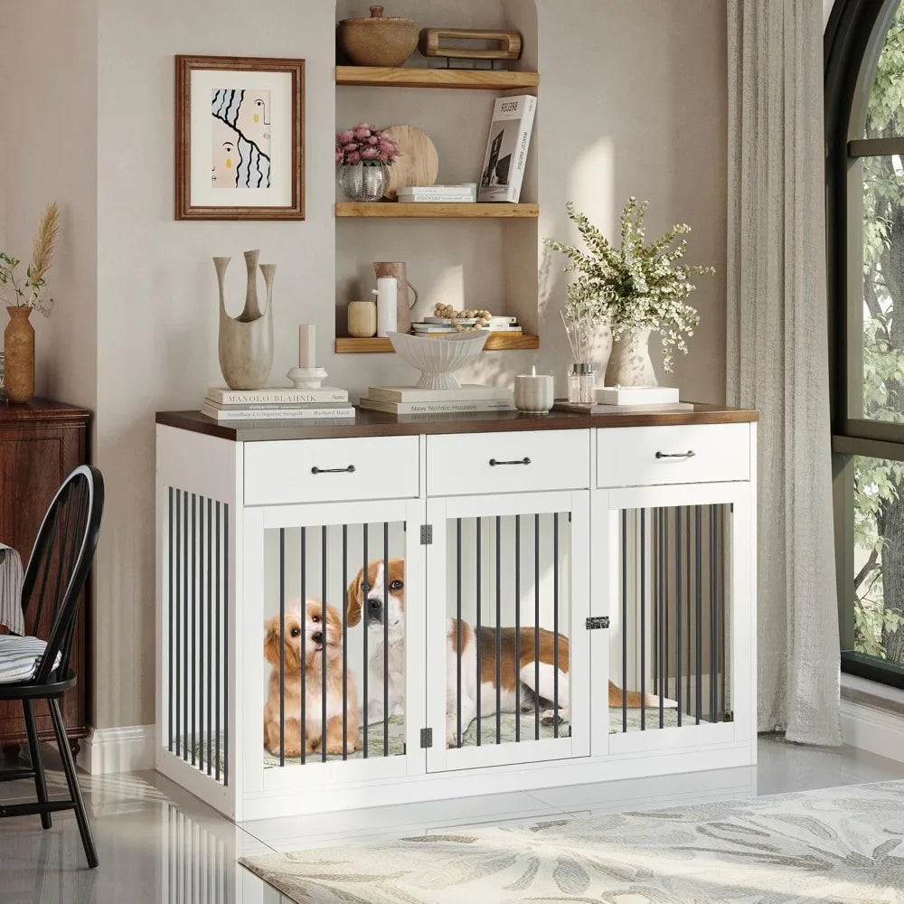Extra Large Dog Crate Furniture, Indoor Heavy Duty Dog Kennel House with 3 Drawers, Furniture Dog Crate Side End Table TV Stand