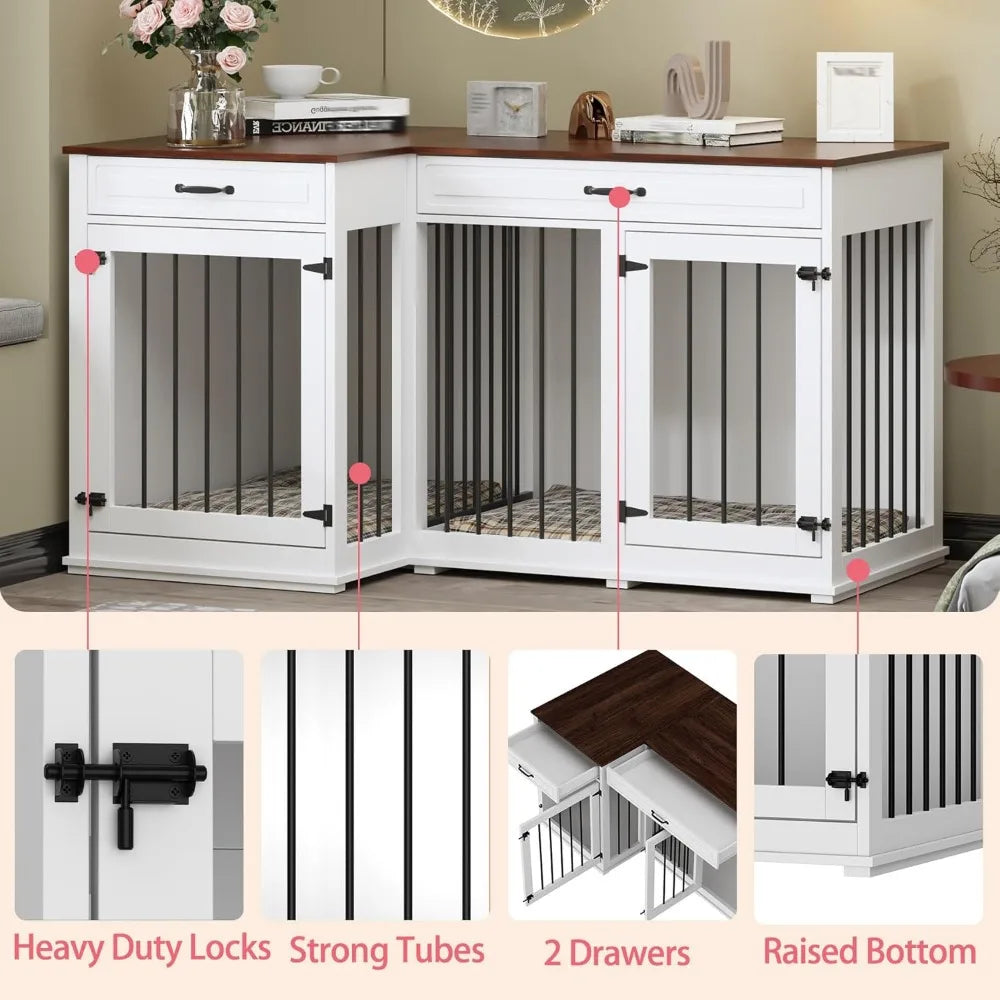 Large Corner Dog Crate Furniture, Wooden L Shaped Double Dog Crate Kennel Furniture with 2 Drawers and Divider, XXL Heavty Duty
