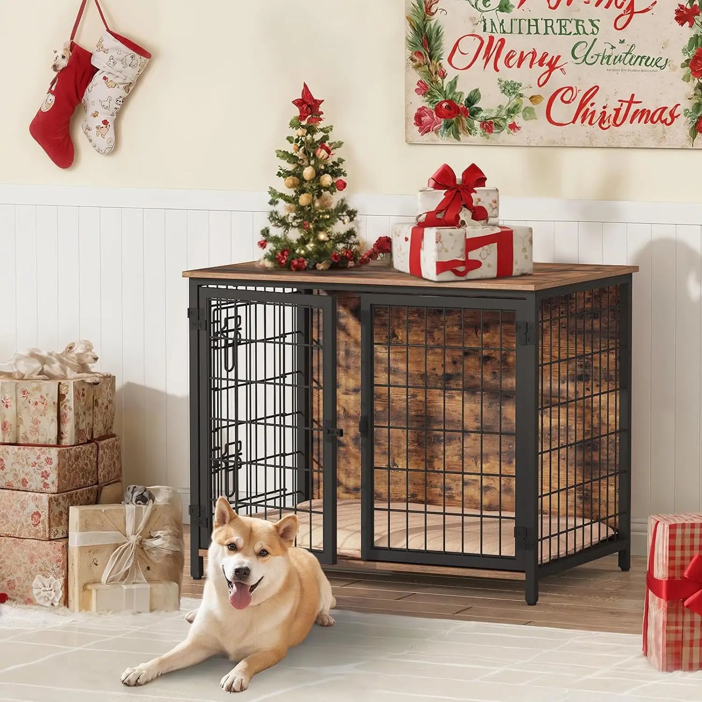 Wooden Dog Crate Furniture with Cushion, Heavy Duty Kennel End Table for Small Medium Large Dogs Indoor House