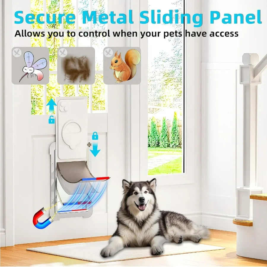 3Flaps Never Rust Extra Large Dog Door for Door with Sliding Lock Panel Steel Frame and Telescoping Tunnel Extreme Weather Dura