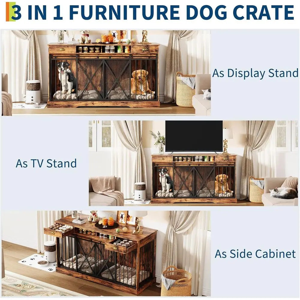 Large 63 Wooden Dog Crate Furniture - Heavy Duty Indoor Kennel with Removable Divider, 2 Doors, Rustic Style, Open Shelves & TV