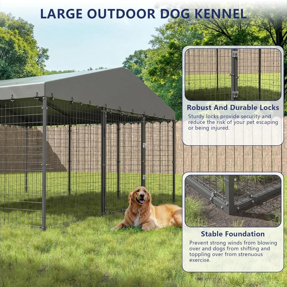 Large 10x10x6 FT Outdoor Dog Kennel with Heavy Duty Construction, Double Locks, and UV-Protected Waterproof Roof