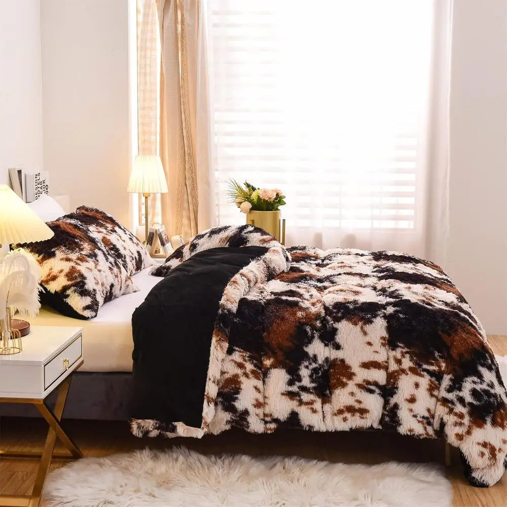 Cow Print Duvet Cover Shaggy Fluffy Tie Dye Brown Black Velvet Bedding Set Super Soft Faux Fur Fuzzy Comforter Cover with Pillow