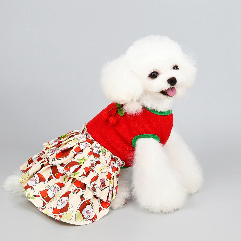 Christmas Dog Girls Costume Dress Puppy Warm Fleece Skirt Clothes Autumn Winter Pet Clothes Dog Red Skirt Fancy Dress Costume