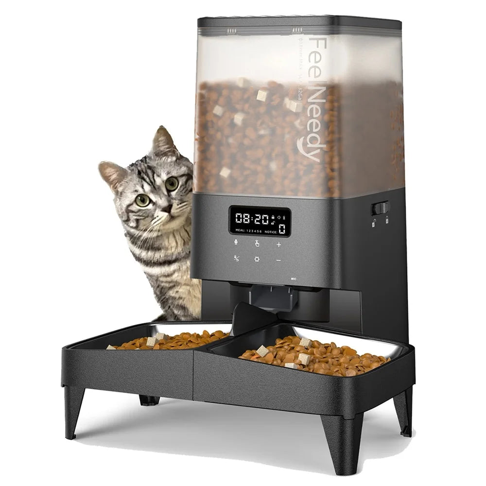 Automatic Cat Feeder 5L Timed Pet Food Dispenser Elevated Feeding Station with 2 Stainless Steel Bowls Voice Recording