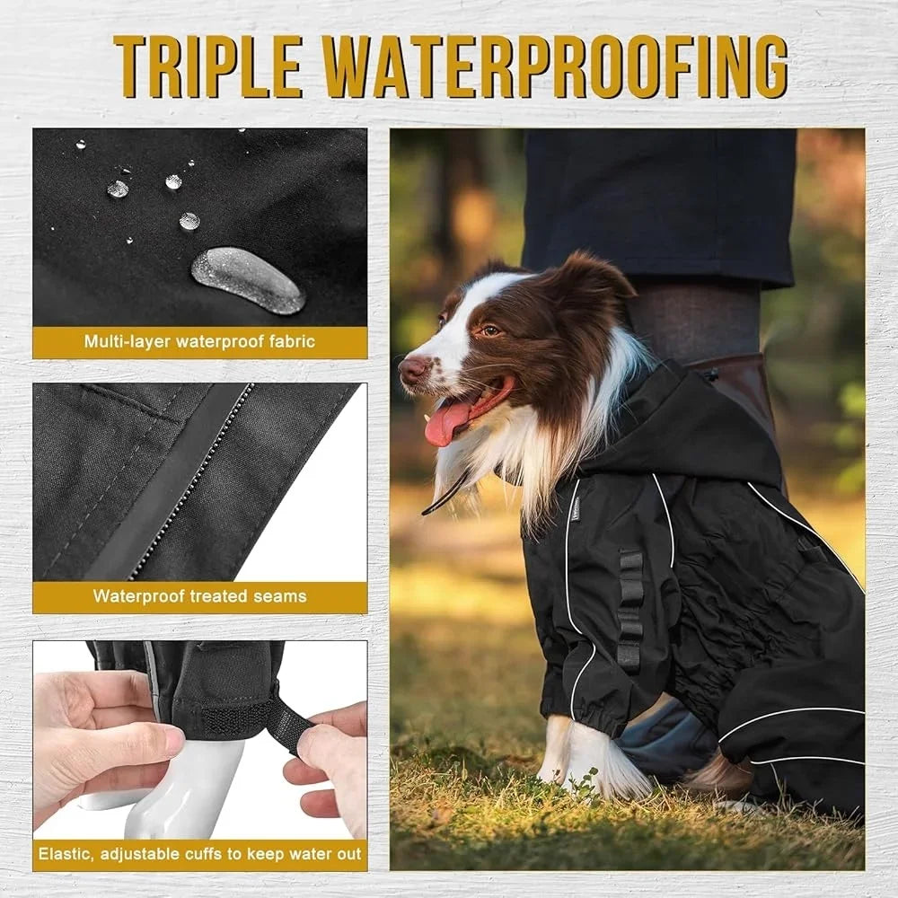 Dog Raincoat Waterproof Reflective Jacket Medium Large Dogs Adjustable Poncho Four Legs Machine Washable Pet Rain Gear
