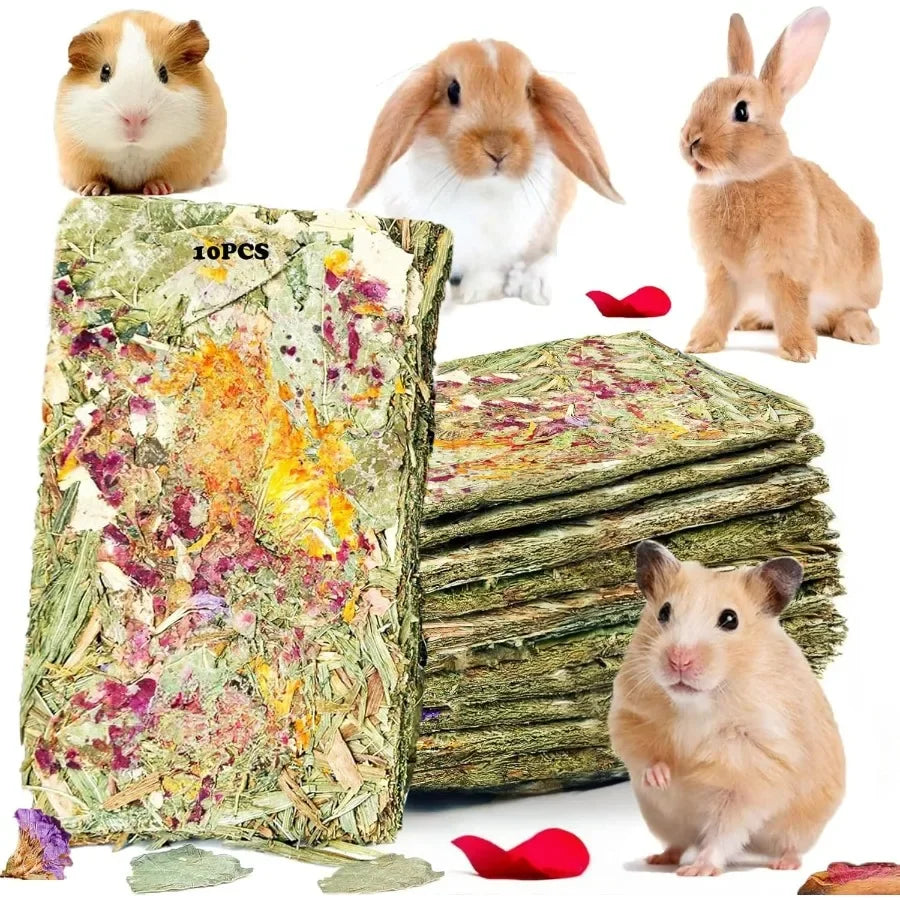 10 Pack Rabbit Toys with Herbal Flowers and Timothy Hay Grass Chips for Small Animals: Chew Toys for Guinea Pigs Hamsters Chinc