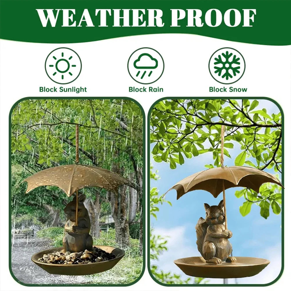 Squirrel/Cat/Dog Animal Bird Feeder Animal Holding Umbrella Metal Bird Feeders Hanging Bird Feeder Dish for Yard Patio Landscape