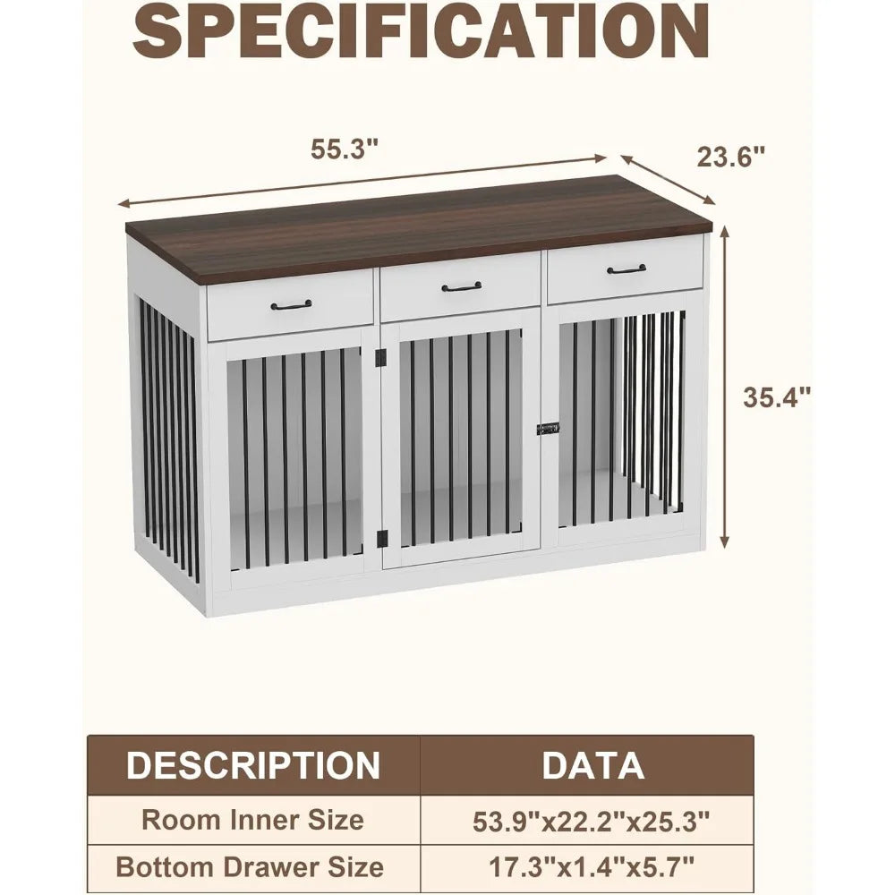 Extra Large Dog Crate Furniture, Indoor Heavy Duty Dog Kennel House with 3 Drawers, Furniture Dog Crate Side End Table TV Stand