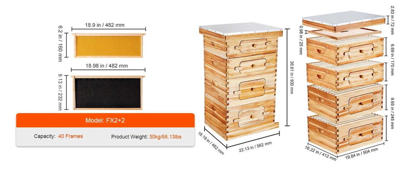 SucceBuy Bee Hive Deep Box Starter Kit 100% Beeswax Coated Natural Cedar Wood Langstroth Beehive Kit Transparent Acrylic
