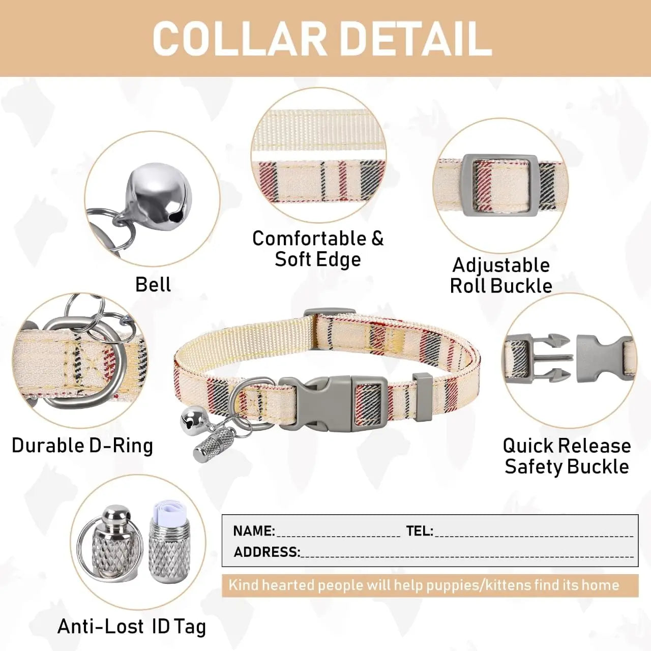 Small Dog Harness Collar Leash Set, Step-in No Pull Adjustable Mesh Vest with Reflective Plaid for Puppy Cat Rabbit (Beige, S)
