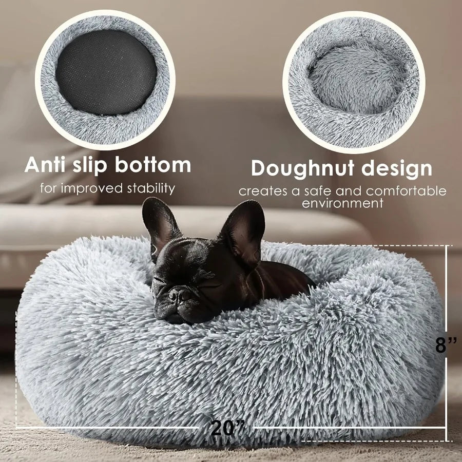 Dog Cat Bed for Indoor Cats 20in Calming Donut Bed for Puppy and Kitten Washable Round Fluffy Pet Bed for Small Medium Dogs and
