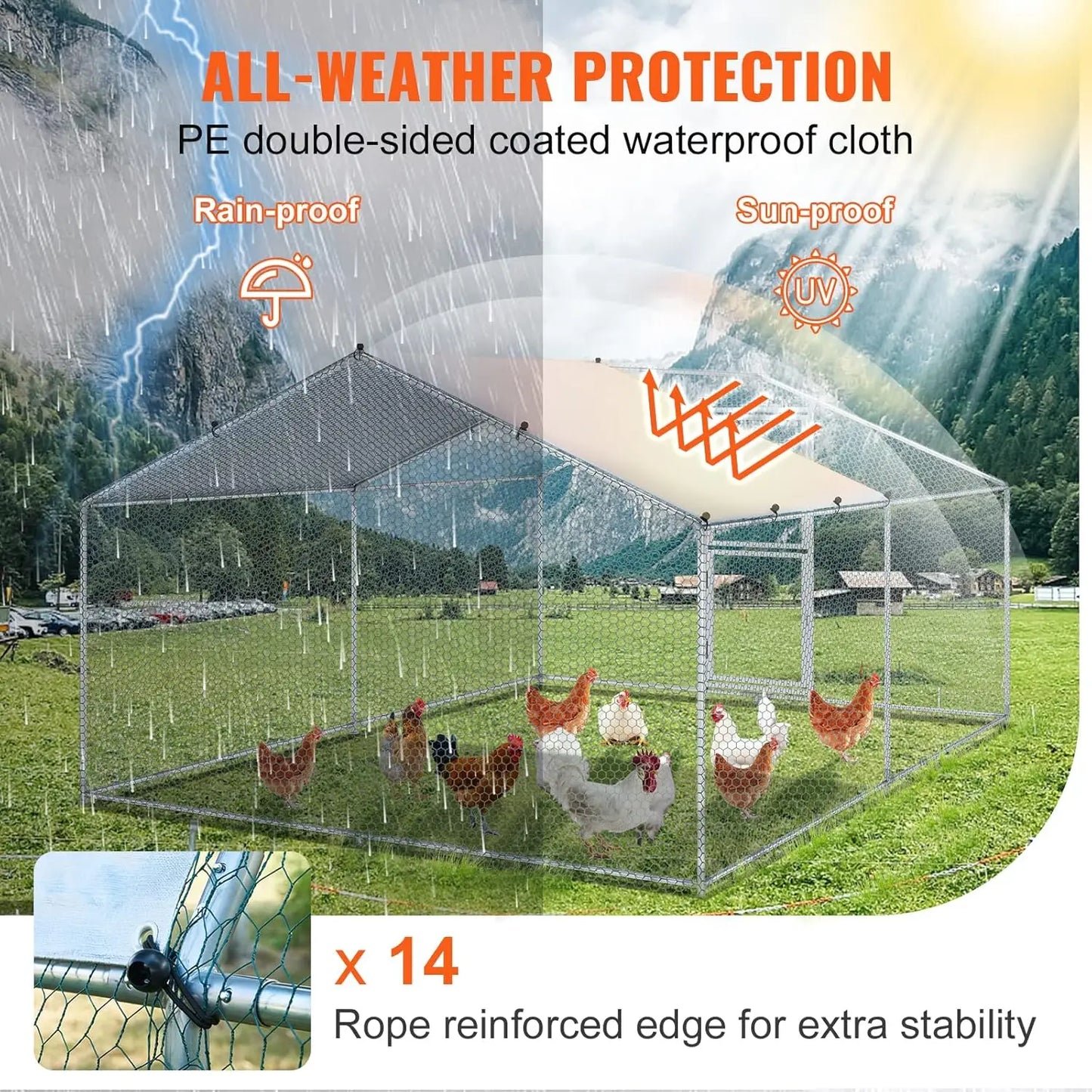 Large Metal Chicken Coop with Run, Walkin Poultry Cage for Yard with Waterproof Cover, 13.1 x 9.8 x 6.4 ft Dome Roof for Hen