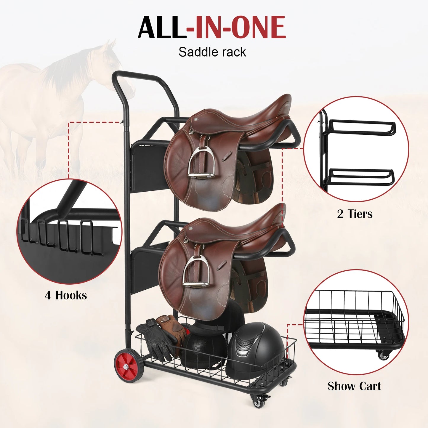 Rolling Horse Saddle Rack Cart with Wheel Saddle Pad Rack Stand for Storage Moving Organize Transport Supplies