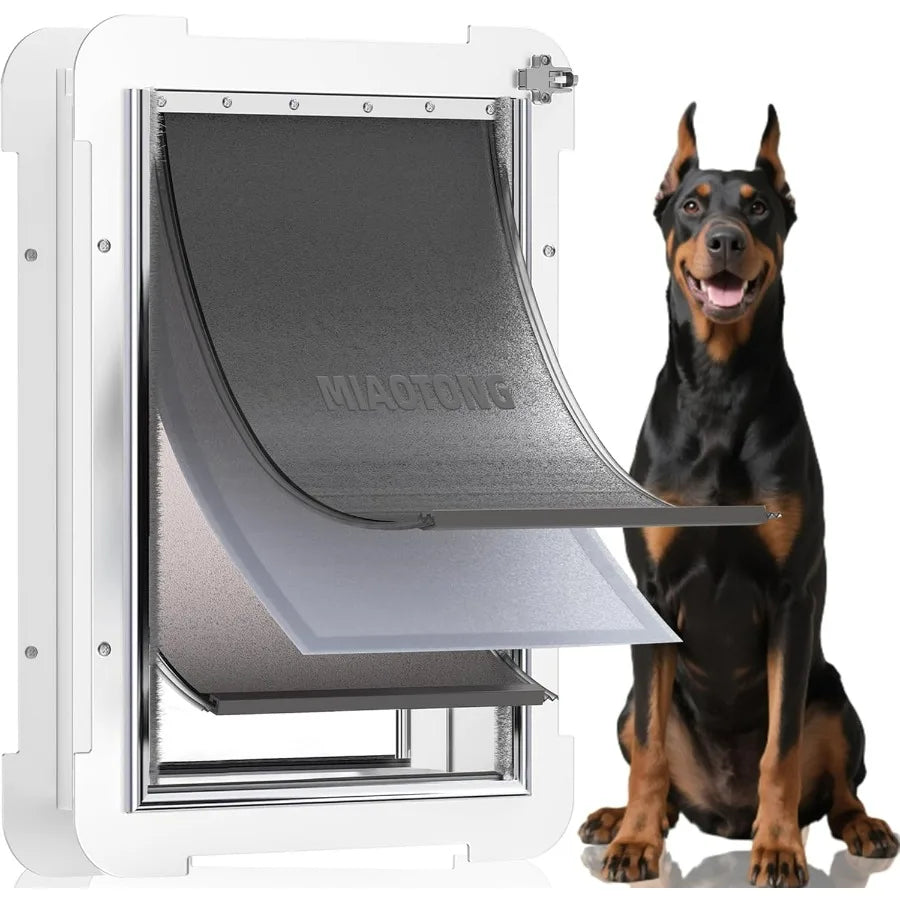 3Flaps Never Rust Extra Large Dog Door for Door with Sliding Lock Panel Steel Frame and Telescoping Tunnel Extreme Weather Dura